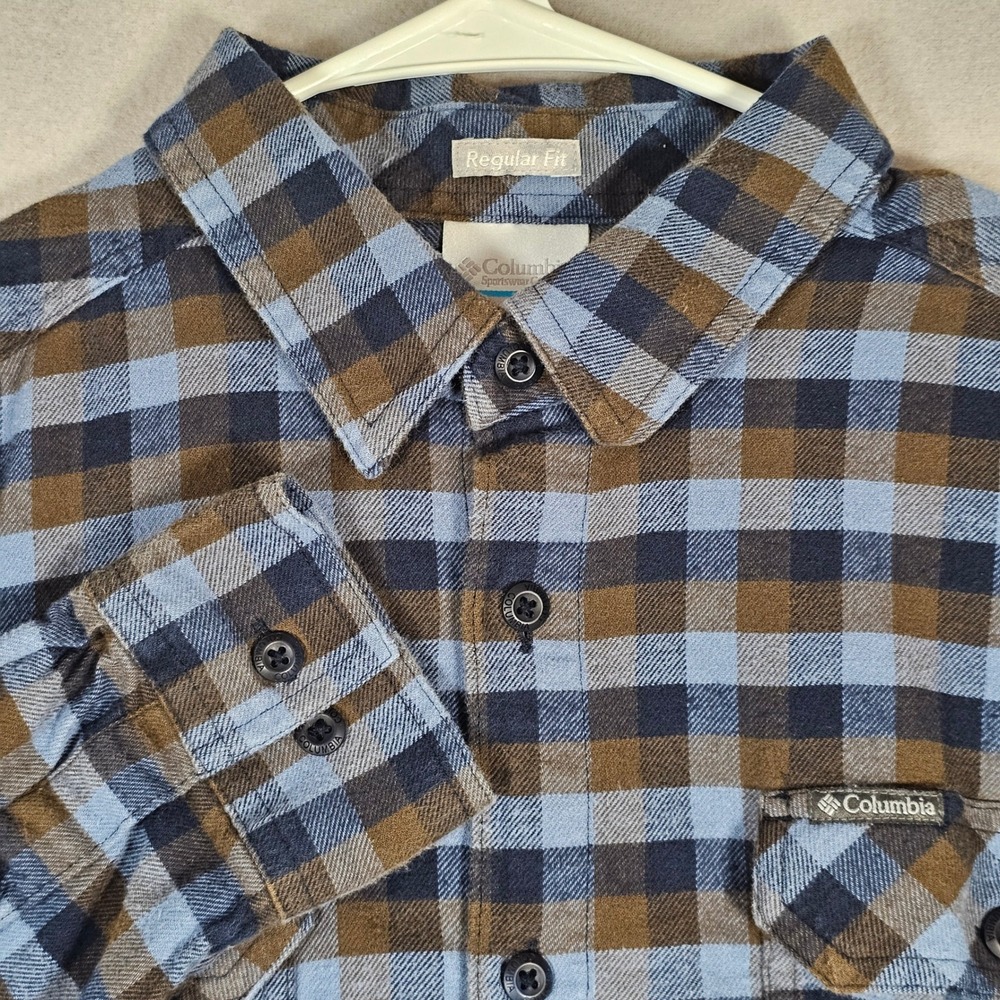 Columbia Button Up Shirt Mens‎ Medium Blue Brown Plaid Cotton  Omni-Wick Regular